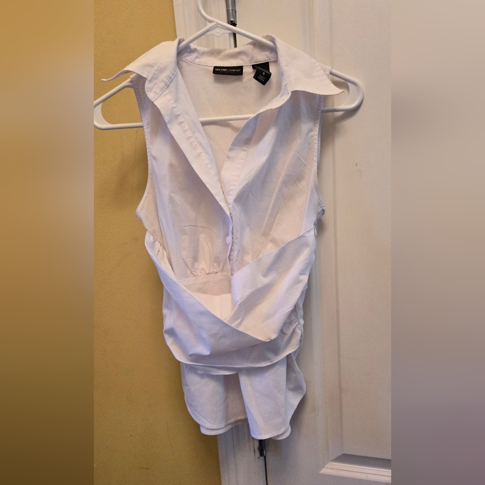 New York & Company Women's White Button Down Wrap Sleeveless Blouse Side Zip